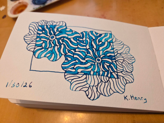 Hand drawn generative/procedural art in ink on an open page of my sketchbook. the abstract pattern is floral with a rectangle.