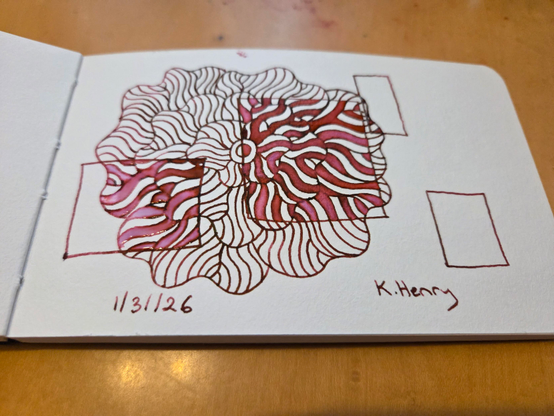 Hand drawn generative/procedural art in ink on an open page of my sketchbook.  The abstract pattern is floral with rectangular boxes.