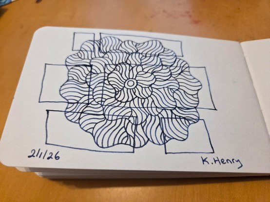 Hand drawn generative/procedural art in ink on an open page of my sketchbook. The abstract pattern is floral with overlapping rectangles. 