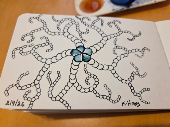 Hand drawn generative/procedural art in ink on an open page of my sketchbook. The abstract pattern looks a bit like a fractal sea star.