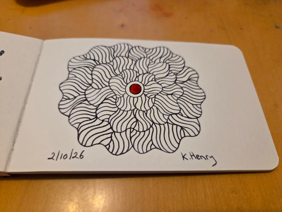 Hand drawn generative/procedural art in ink on an open page of my sketchbook. The abstract pattern is floral.