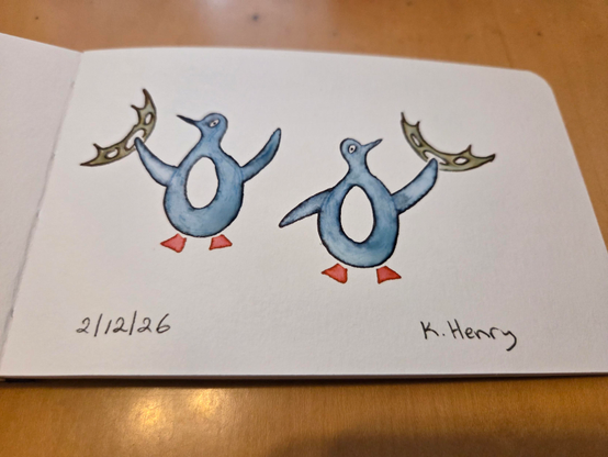 Hand drawn generative/procedural art in ink on an open page of my sketchbook. The abstract pattern looks a bit like penguins holding Klingon batleth's from Star Trek.