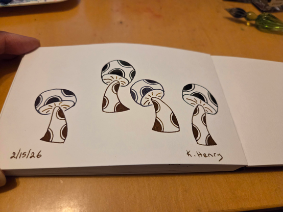 Hand drawn generative/procedural art in ink on an open page of my sketchbook. The abstract pattern looks like mushrooms with polka dots on the caps and stems.