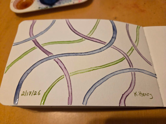 Hand drawn generative/procedural art in ink on an open page of my sketch book. The abstract pattern looks a bit like a tangle if IV (medical) tubing of different colors.