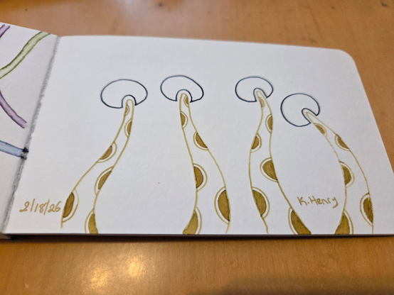 Hand drawn generative/procedural art in ink on an open page of my sketchbook. The abstract pattern looks like it could be mushrooms or dandelion poofs.