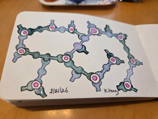 Hand drawn generative/procedural art in ink on an open page of my sketchbook. The abstract pattern looks a bit like a chemistry diagram or a construction toy.