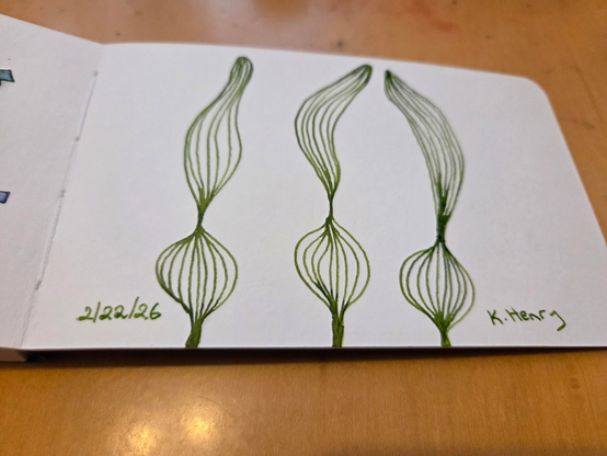 Hand drawn generative/procedural art in ink on an open page of my sketchbook. The abstract pattern looks a bit like kelp seaweed.