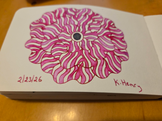 Hand drawn generative/procedural art in ink on an open page of my sketchbook. The abstract pattern is floral.