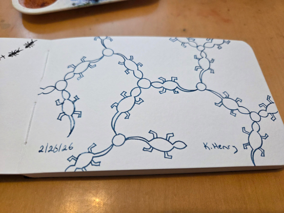 Hand drawn generative/procedural art in ink on an open page of my sketchbook. The abstract pattern looks a bit like a chemistry diagram made from lizards. A couple of ant motifs from yesterday's drawing are visible at the edge of the photo.