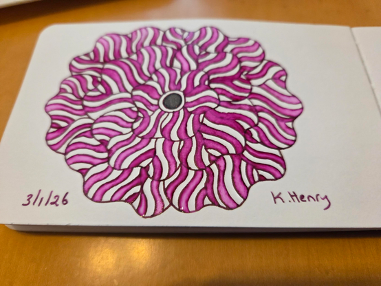 Hand drawn generative/procedural art in ink on an open page of my sketchbook. The abstract pattern is floral.