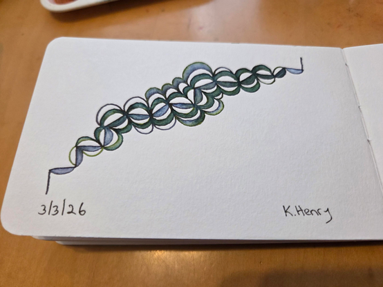 Hand drawn generative/procedural art in ink on an open page of my sketchbook. The abstract pattern looks a bit like a broken hair scrunci or a weird sea creature.