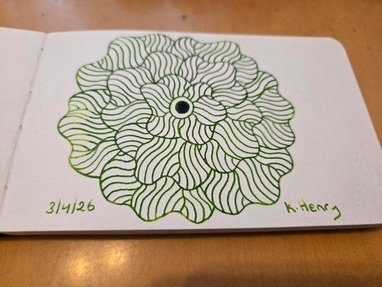 Hand drawn generative/procedural art in ink on an open page of my sketchbook. The abstract pattern is floral.