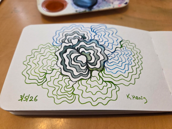 Hand drawn generative/procedural art in ink on an open page of my sketchbook. The abstract pattern looks a bit like turkey tail mushrooms. Lots of wavy lines.