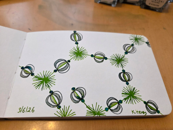 Hand drawn generative/procedural art in ink on an open page of my sketchbook. The abstract pattern looks a bit like a chemistry diagram made from fancy beads.