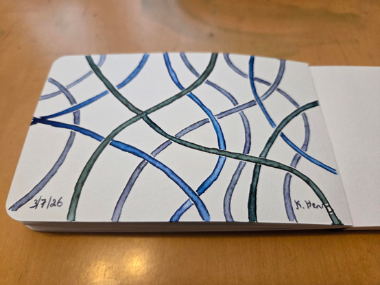 Hand drawn generative/procedural art in ink on an open page of my sketchbook. The abstract pattern looks a bit like a bunch of tangled tubing.
