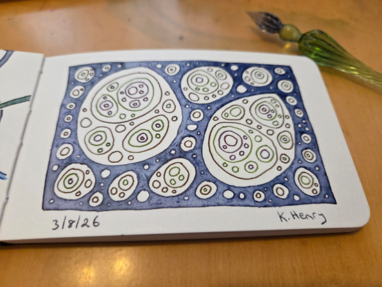 Hand drawn generative/procedural art in ink on an open page of my sketchbook. The abstract pattern has a bunch of nested blobs constrained by a rectangle, a bit like the view through a microscope. My glass dipping pen is next to my sketchbook.