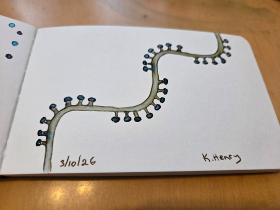 Hand drawn generative/procedural art in ink on an open page of my sketchbook. The abstract pattern looks a bit like a curving vine with little mushrooms on the outer curves.