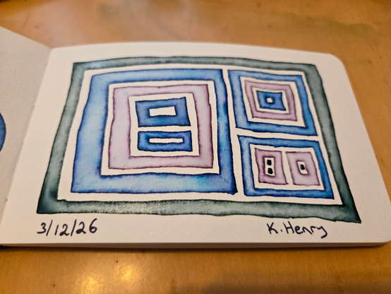Hand drawn generative/procedural art in ink on an open page of my sketchbook. The abstract pattern has nested boxes of different sizes and colors.