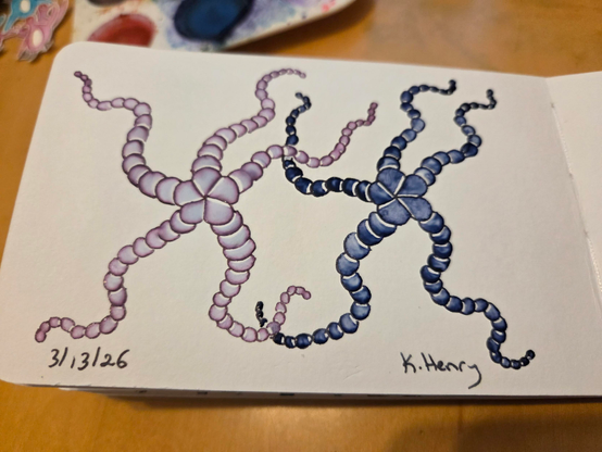 Hand drawn generative/procedural art in ink on an open page of my sketchbook. The abstract pattern looks a bit like two starfish dancing with joy.