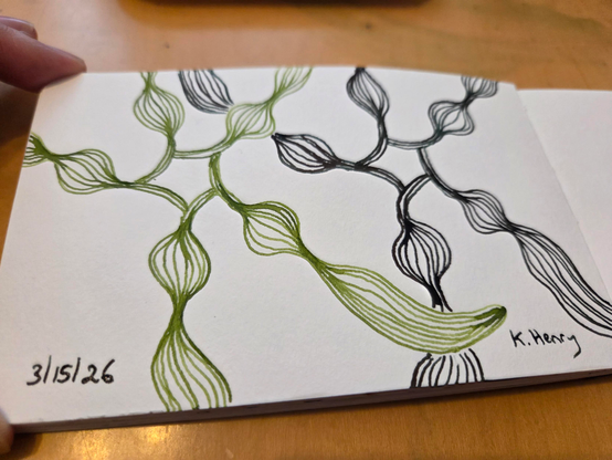 Hand drawn generative/procedural art in ink on an open page of my sketchbook. The abstract pattern looks a bit like kelp but more like chemical diagrams with kelp growing out of them. Difficult to describe.