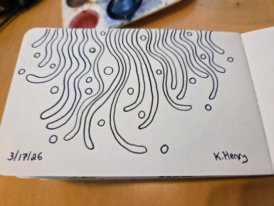Hand drawn generative/procedural art in ink on an open page of my sketchbook. The abstract pattern looks a bit like it could be some sort of sea slug or hair.