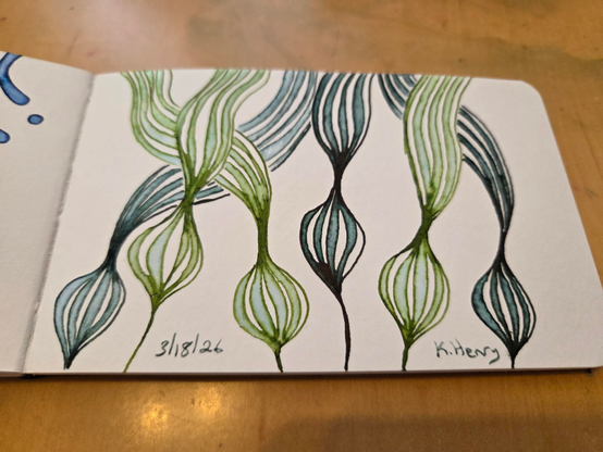 Hand drawn generative/procedural art in ink on an open page of my sketchbook. The abstract pattern looks a bit like kelp.