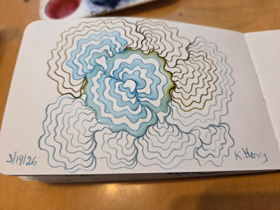 Hand drawn generative/procedural art in ink on an open page of my sketchbook. The abstract pattern looks a bit like a turkey tail mushroom.