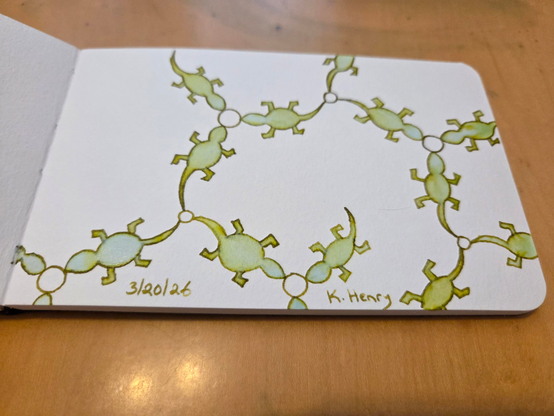 Hand drawn generative/procedural art in ink on an open page of my sketchbook. The abstract pattern looks a bit like a network or chemical diagram made of little lizards.