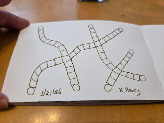 Hand drawn generative/procedural art in ink on an open page of my sketchbook. The abstract pattern is difficult to describe. Cris-crossing rows of squares with circles at the ends of them.