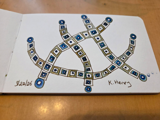 Hand drawn generative/procedural art in ink on an open page of my sketchbook. The abstract pattern looks a bit like overlapping short pieces of ribbons.
