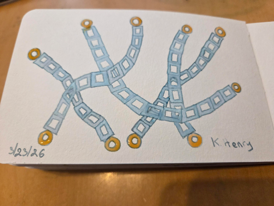 Hand drawn generative/procedural art in ink on an open page of my sketchbook. The abstract pattern looks a bit like some scattered ribbons. Sort of.