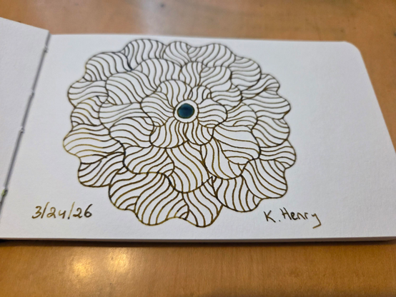 Hand drawn generative/procedural art in ink on an open page of my sketchbook. The abstract pattern is floral.