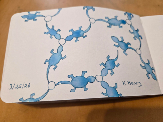 Hand drawn generative/procedural art in ink on an open page of my sketchbook. The abstract pattern looks a bit like a chemistry diagram but with lizard shapes instead of straight lines.