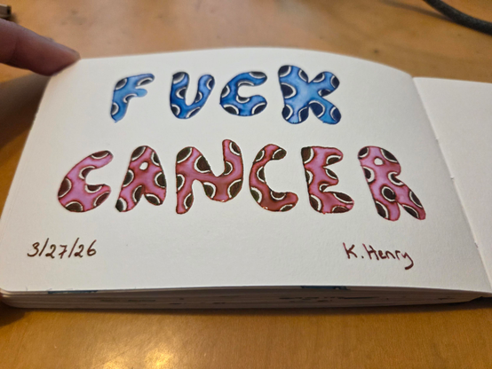 Hand drawn generative/procedural art in ink on an open page of my sketchbook. The abstract pattern has puffy letters with polkadots on them. The letters spell out "fuck cancer".