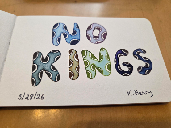 Hand drawn generative/procedural art in ink on an open page of my sketchbook. The abstract pattern is made of balloon letters with polka dots on them. The letters spell out "No Kings"