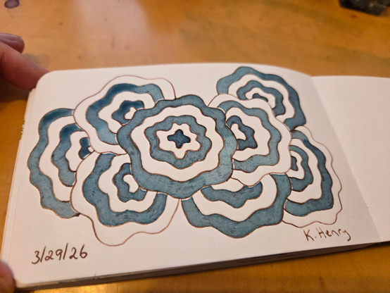 Hand drawn generative/procedural art in ink on an open page of my sketchbook. The abstract pattern looks a bit like looking down on a bouquet of flowers. Kinda.