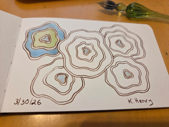 Hand drawn generative/procedural art in ink on an open page of my sketchbook. The abstract pattern looks a bit like looking down on the top of a flower bouquet. My glass dipping pen is next to my sketchbook.