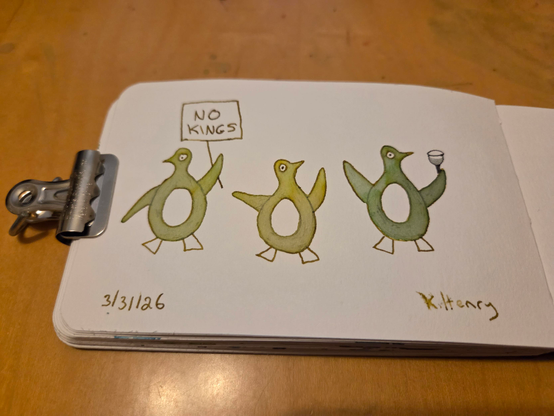 Hand drawn generative/procedural art in ink on an open page of my sketchbook. The abstract pattern looks like three penguins standing together. One holds a sign that reads "NO KINGS", and another is holding a wine glass.
