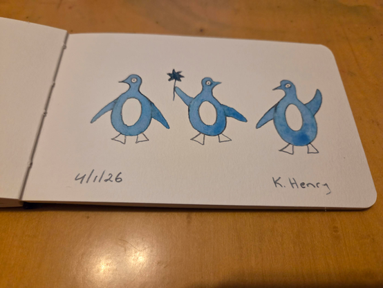 Hand drawn generative/procedural art in ink on an open page of my sketchbook. The abstract pattern looks like three sparkly blue penguins standing together. The middle penguin is holding something like a fairy wand with a star at one end.