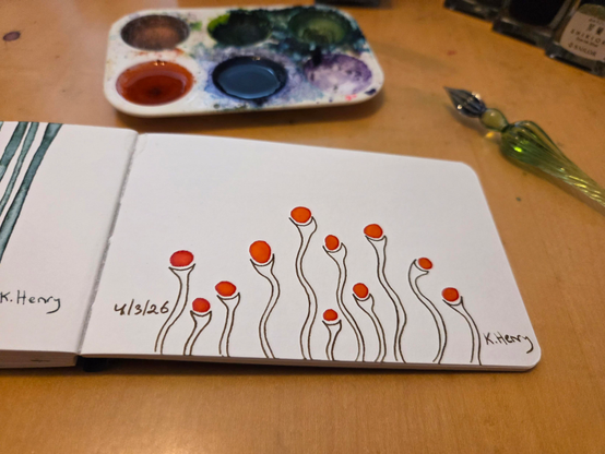 Hand drawn generative/procedural art in ink on an open page of my sketchbook. My glass dipping pen and ink 'wells' are next to my sketchbook.