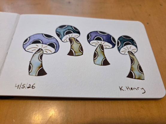 Hand drawn generative/procedural art in ink on an open page of my sketchbook. The abstract pattern looks like mushrooms with big polka dots on the stems and caps.