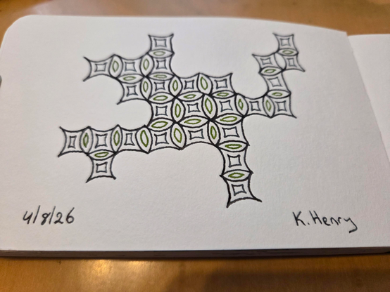 Hand drawn generative/procedural art in ink on an open page of my sketchbook. The abstract pattern looks a bit like a floor tiles with curves.