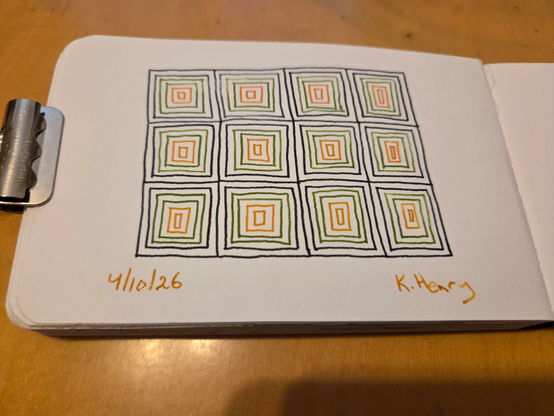 Hand drawn generative/procedural art in ink on an open page of my sketchbook. The abstract pattern has a grid of nested squares with different colors.