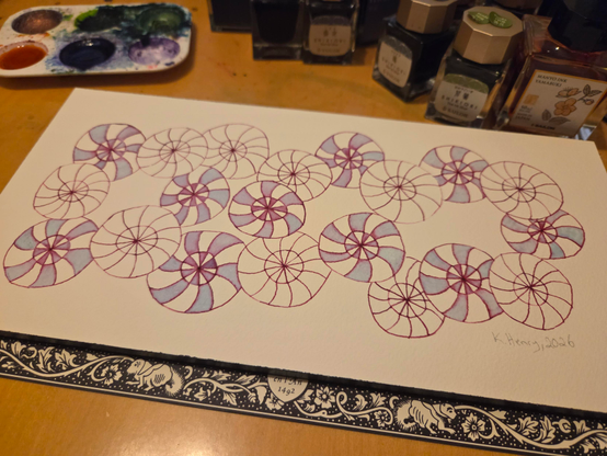 Hand draw generative/procedural art in ink on watercolor paper.  The abstract pattern looks a bit like looking down on the main chutes of "Integrity" capsule. 