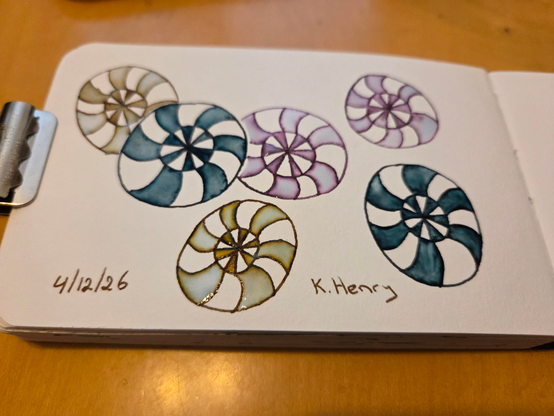 Hand drawn generative/procedural art in ink on an open page of my sketchbook. The abstract patterns kinda looks like parachutes, but also looks like it could be pieces of candy.