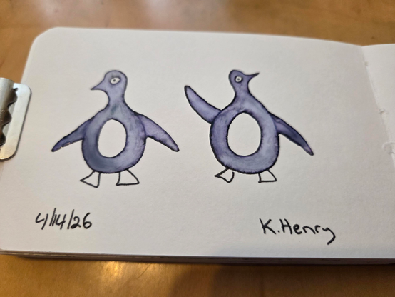 Hand drawn generative/procedural art in ink on an open page of my sketchbook. The abstract pattern looks like two penguins, with attitude.
