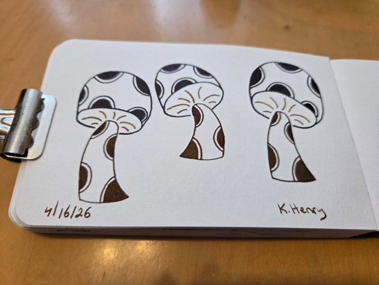 Hand drawn generative/procedural art in ink on an open page of my sketchbook. The abstract pattern looks like three cute mushrooms with polka dots on their stems and caps. There is a binder clip holing the sketchbook open.