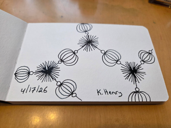 Hand drawn generative/procedural art in ink on an open page of my sketchbook. The abstract pattern looks like a chemistry diagram, but as if it was made of fancy beads.