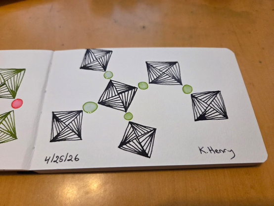 Hand drawn generative/procedural art in ink on an open page of my sketchbook. The abstract pattern has twirling square motifs and circles connecting them, like beads.
