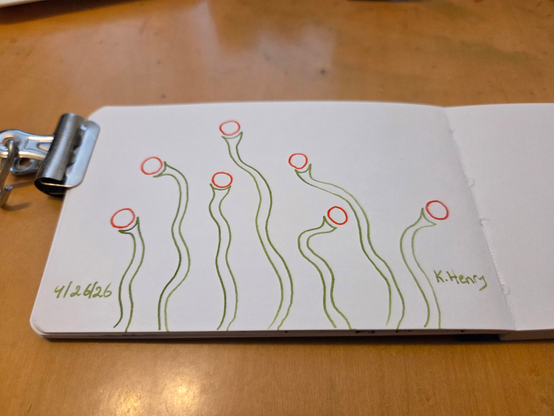 Hand drawn generative/procedural art in ink on an open page of my sketchbook. The abstract pattern looks a bit like little fungi. There is a binder clip holding my sketchbook open.